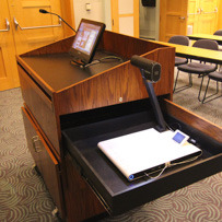 technology, computer, podium, and microphone